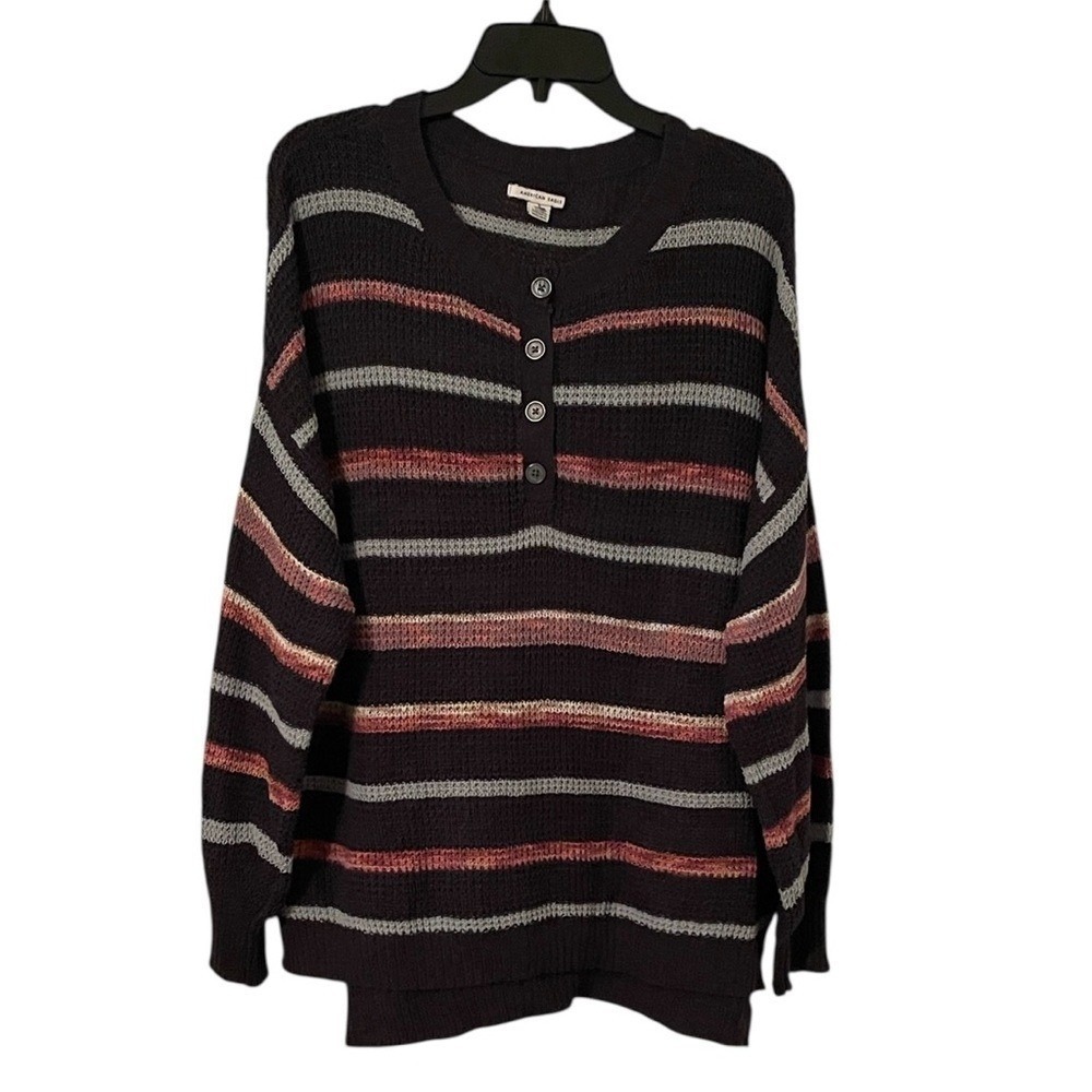 American Eagle Women's Gray Multicolor Striped Quarter Button‎ Sweater Size M